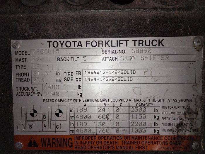 Used TOYOTA 7FGCU15 3000LB CAPACITY FORKLIFT WITH SIDE SHIFT