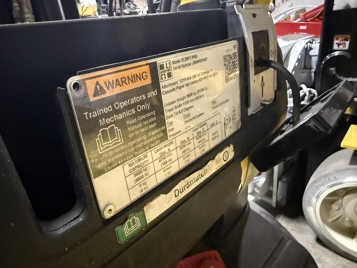 Used 12,000 HYSTER MODEL S120FTPRS LH92"/RH185" WITH 72" CASCADE PAPER ROLL CLAMP MANUFACTURED 2019 - SEE JF