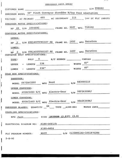 Used 50" MAREN MODEL 50  SHREDDER WITH PINCH CONVEYOR