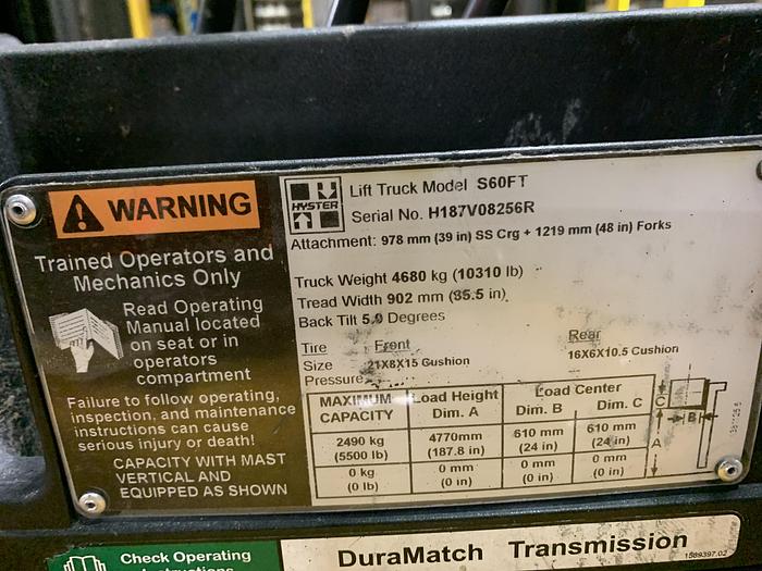 Used 6,000 POUND HYSTER S60FT FORKLIFT WITH SIDESHIFT 3-STAGE MAST