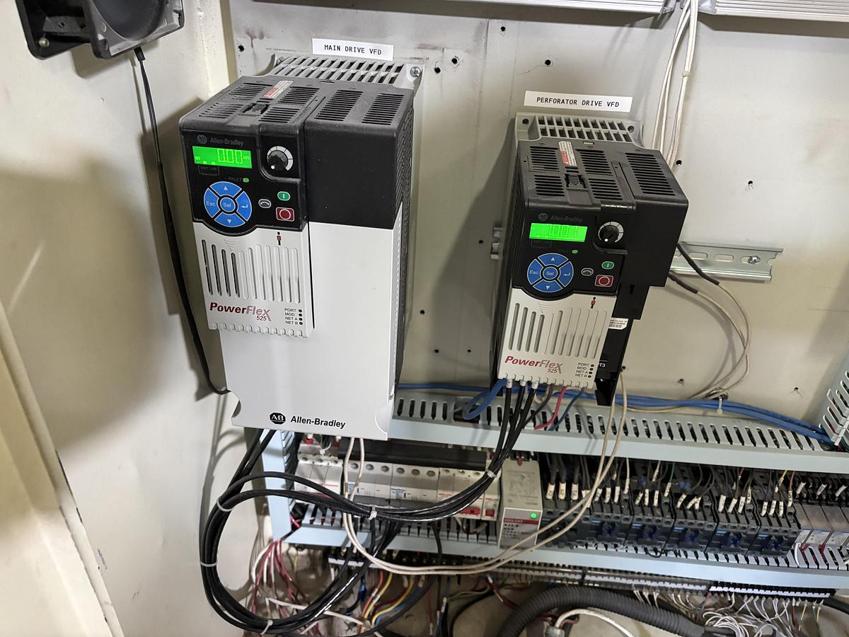 Used 128" WIDE AMERICAN CUSTOM MACHINERY (ACM) TWO DRUM SLITTER REWINDER WITH PERFORATOR