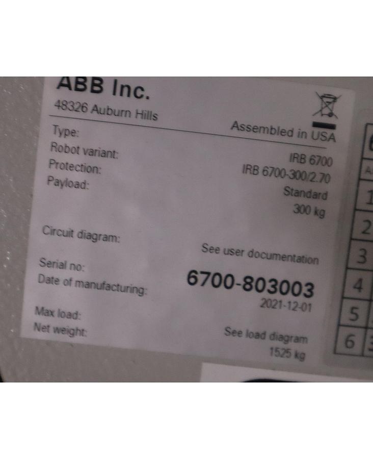 ABB MODEL IRB 6700-300/2.70 ROBOT 6-AXIS MANUFACTURED 2021