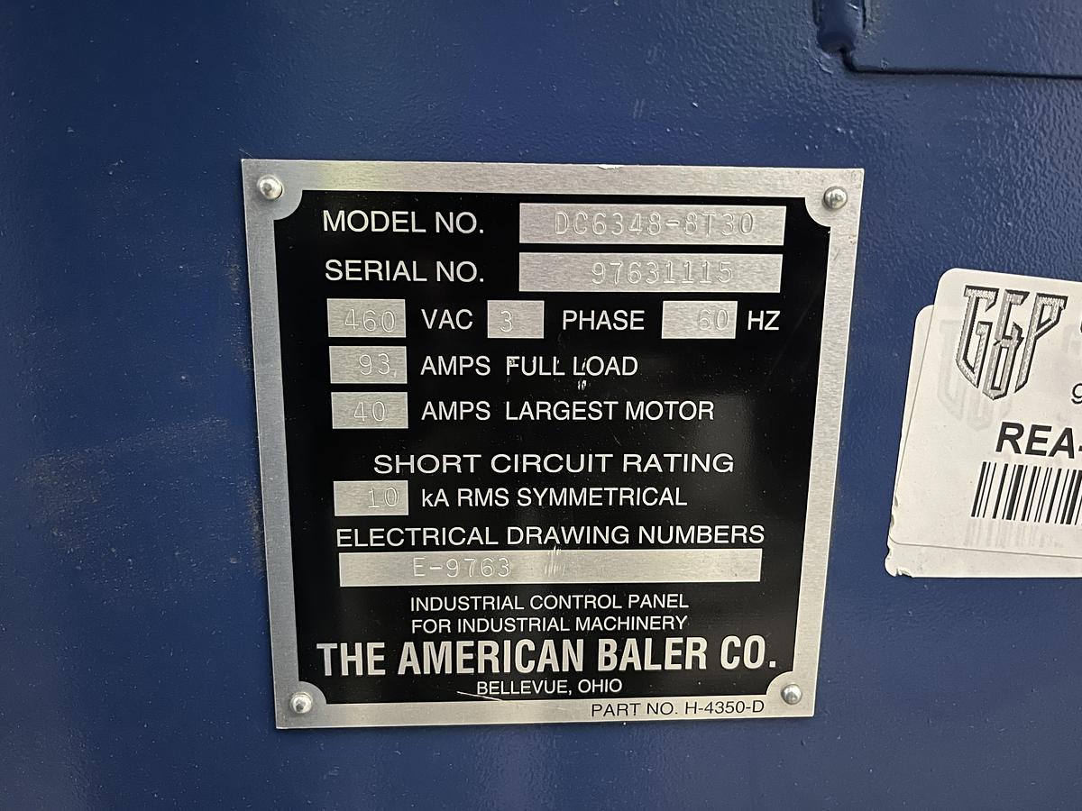 Used AMERICAN AUTOTIE BALER MODEL DC6348-8T30 WITH CONVEYOR DUAL 30HP MOTORS 8" CYLINDER PENDING JA