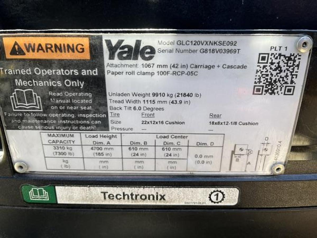 Used 12,000 POUND YALE GLC120VX (Paper Roll Special) PAPER ROLL CLAMP TRUCK WITH 84" CASCADE CLAMP