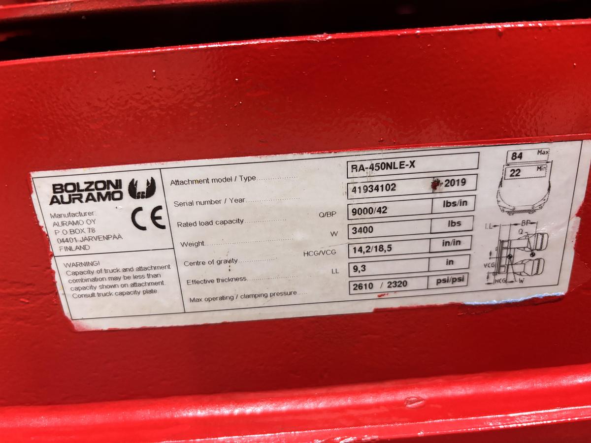 Used 84" BOLZONI AURAMO RA-450NLE-X PAPER ROLL CLAMP CLASS IV MANUFACTURED 2021