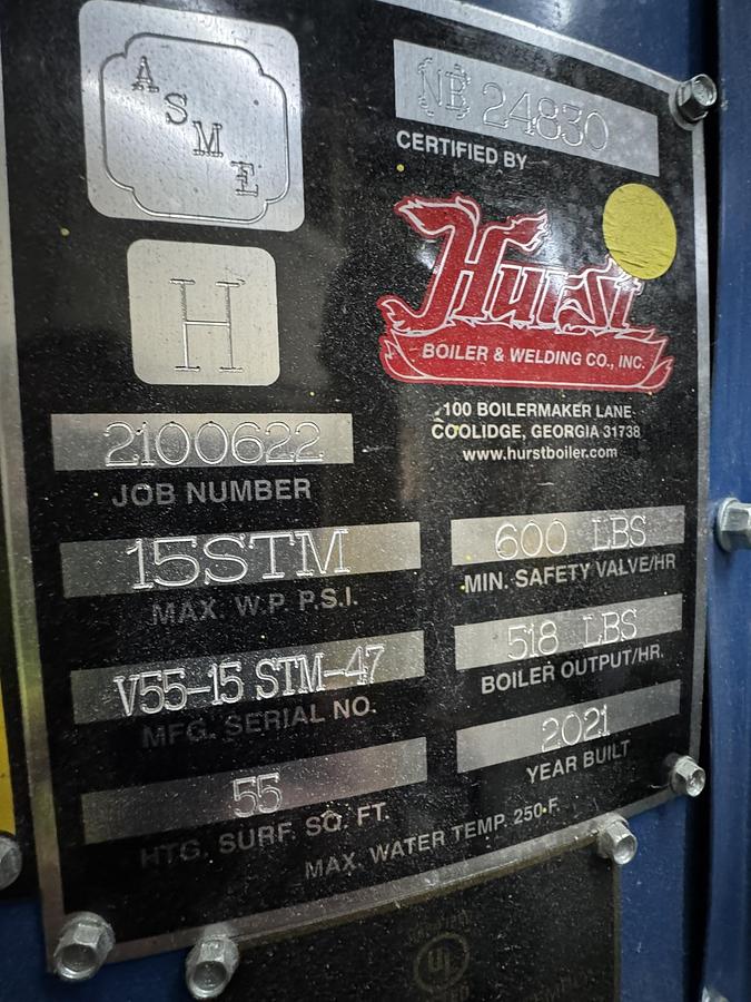 Used HURST BOILER MODEL 4VT-G-15-15 MAX 630,000 BTU/HR