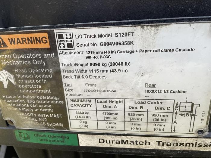 Used 12,000 POUND HYSTER MODEL S120FT FORKLIFT - ON HOLD IU