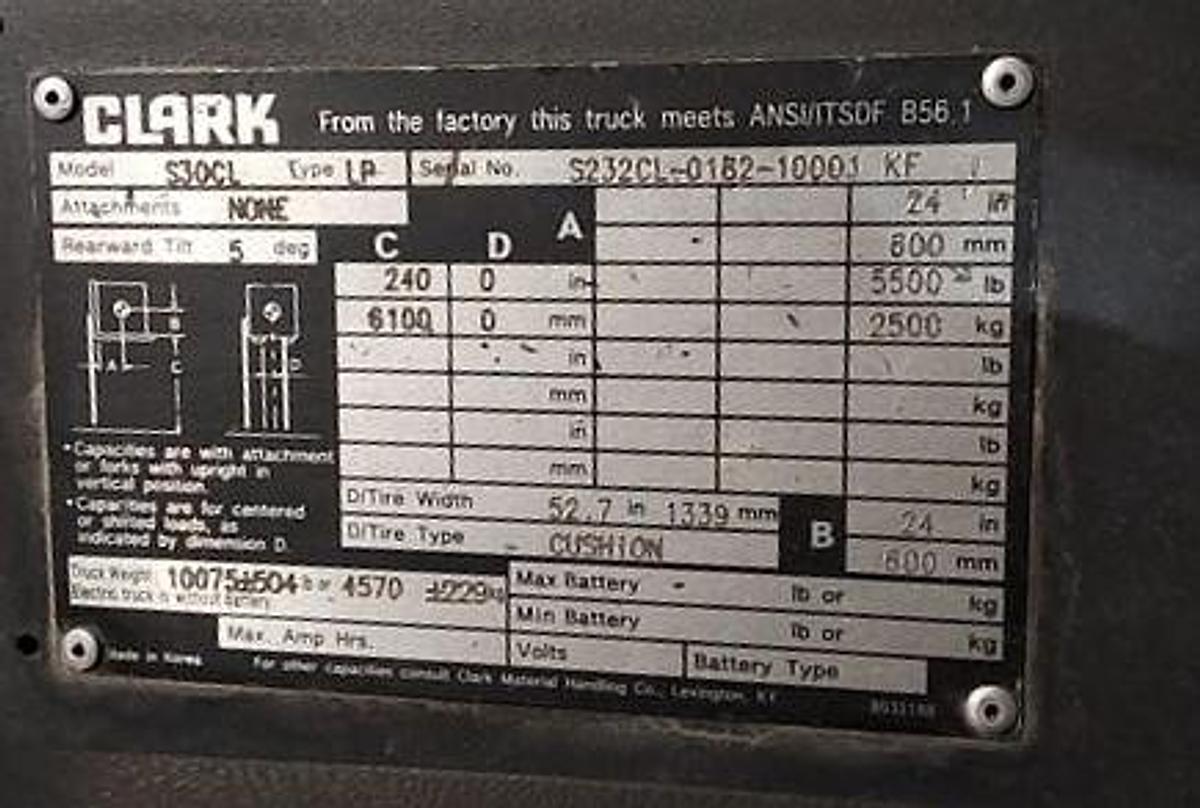 Used 6,000 LB. CLARK MODEL S30CL 103"LH/240"RH MFG 2018