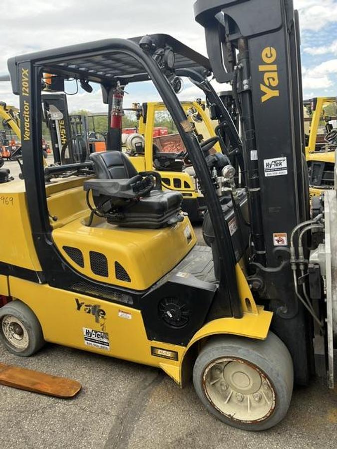 Used 12,000 POUND YALE GLC120VX (Paper Roll Special) PAPER ROLL CLAMP TRUCK WITH 84" CASCADE CLAMP