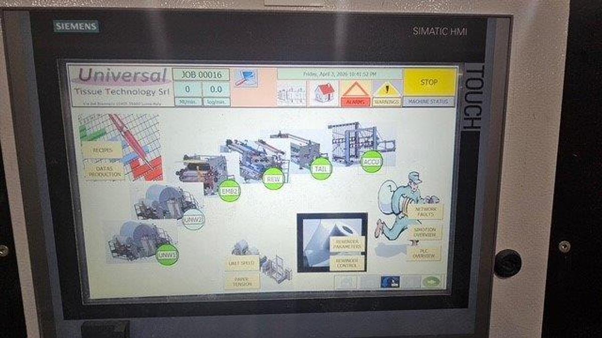 Used 108" WIDE UNIVERSAL TISSUE TECHNOLOGY BRT/KRT REWINDING LINE W/4 LANE LOG SAW