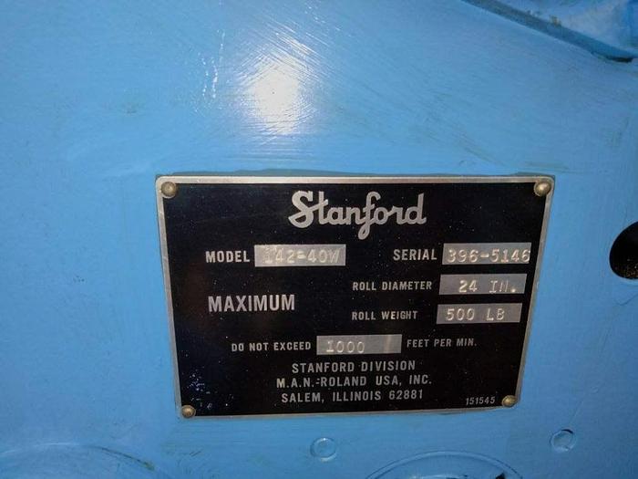 Used 40" STANFORD DOCTOR MACHINE MODEL 142-40W RAZOR SLITTING 3" CORES 24" REWIND 1000 FPM - PENDING SALE