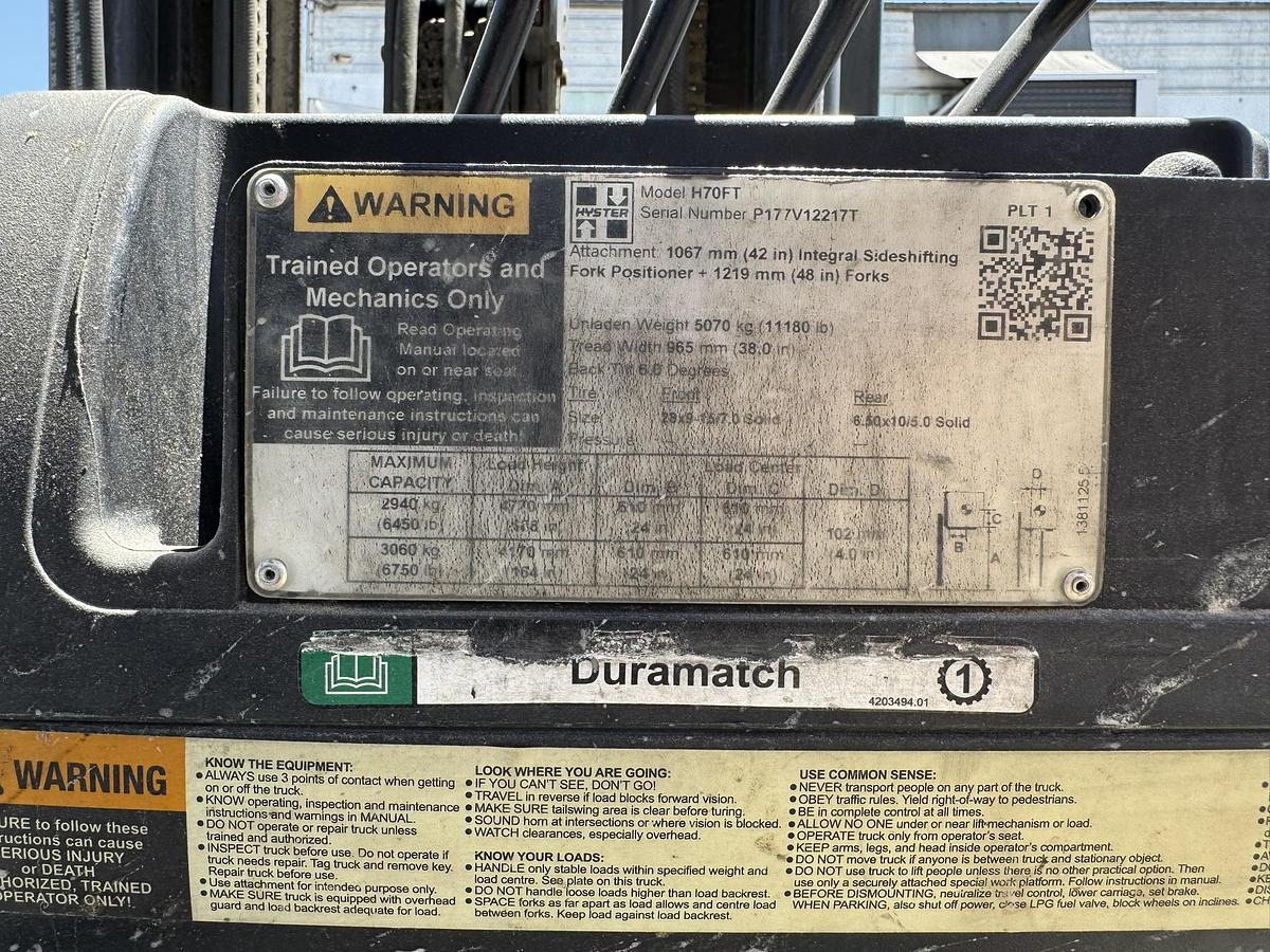 7,000 POUND HYSTER MODEL S70FT FORKLIFT