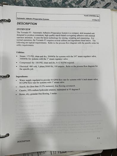 Used VORTEX UNITED STARCH MIXING SYSTEM TORNADO F5, MODEL 0202501 FX3, WITH BATCH HOPPER, BORAX HOPPER, DIGITAL SCALES, CAUSTIC HOPPER