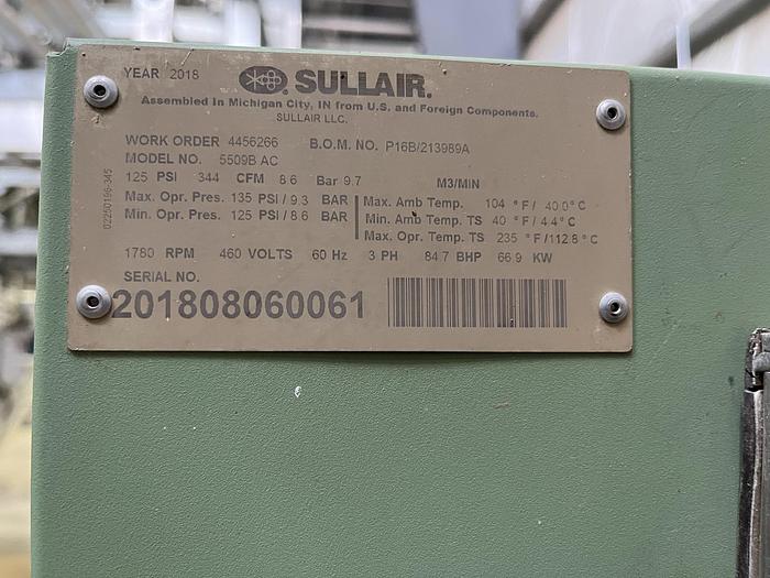Used SULLAIR MODEL 5509B AC AIR COMPRESSOR SENERGY 5500 75 HP MANUFACTURED 2018 - PENDING