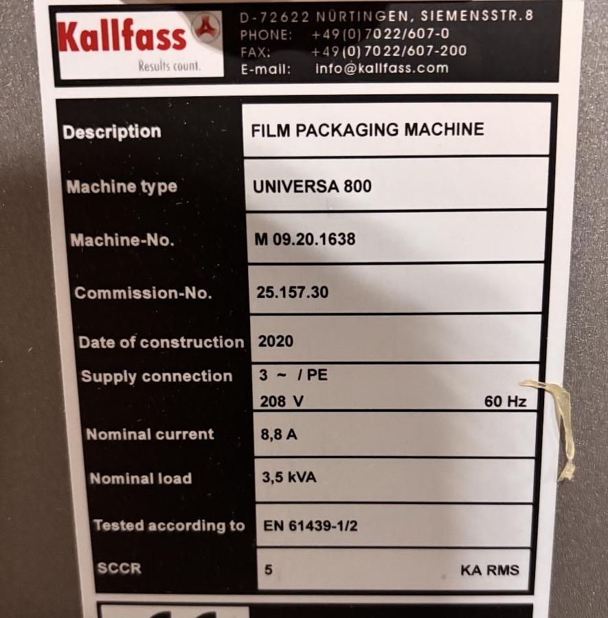 Used KALLFASS UNIVERSA 800 AUTOMATIC SIDE SEAL SHRINK WRAP SYSTEM MFG 2020