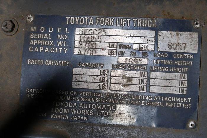 Used 5,000 POUND TOYOTA 5FGC25 FORKLIFT TRIPLE STAGE MAST