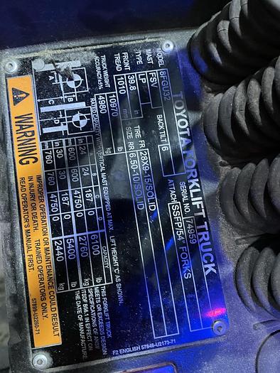 Used TOYOTA 8FGU32 FORKLIFT 7000LB WITH SIDE SHIFT AND FORK POSITIONER - PENDING SALE