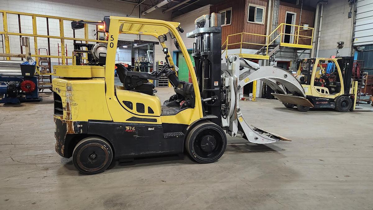 Used 15,500 POUND HYSTER MODEL S155FT FORKLIFT WITH 84" CASCADE EXTRA HEAVY PAPER ROLL CLAMP