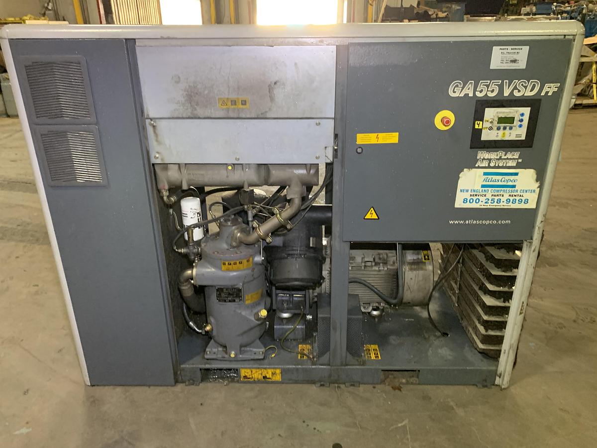 Used 75 HP ATLAS COPCO MODEL GA55VSD ROTARY SCREW AIR COMPRESSOR