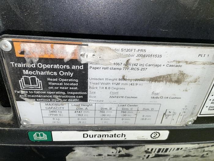 Used 12,000 POUND HYSTER S120FTPRS FORKLIFT WITH PAPER ROLL CLAMP MFG. 2018