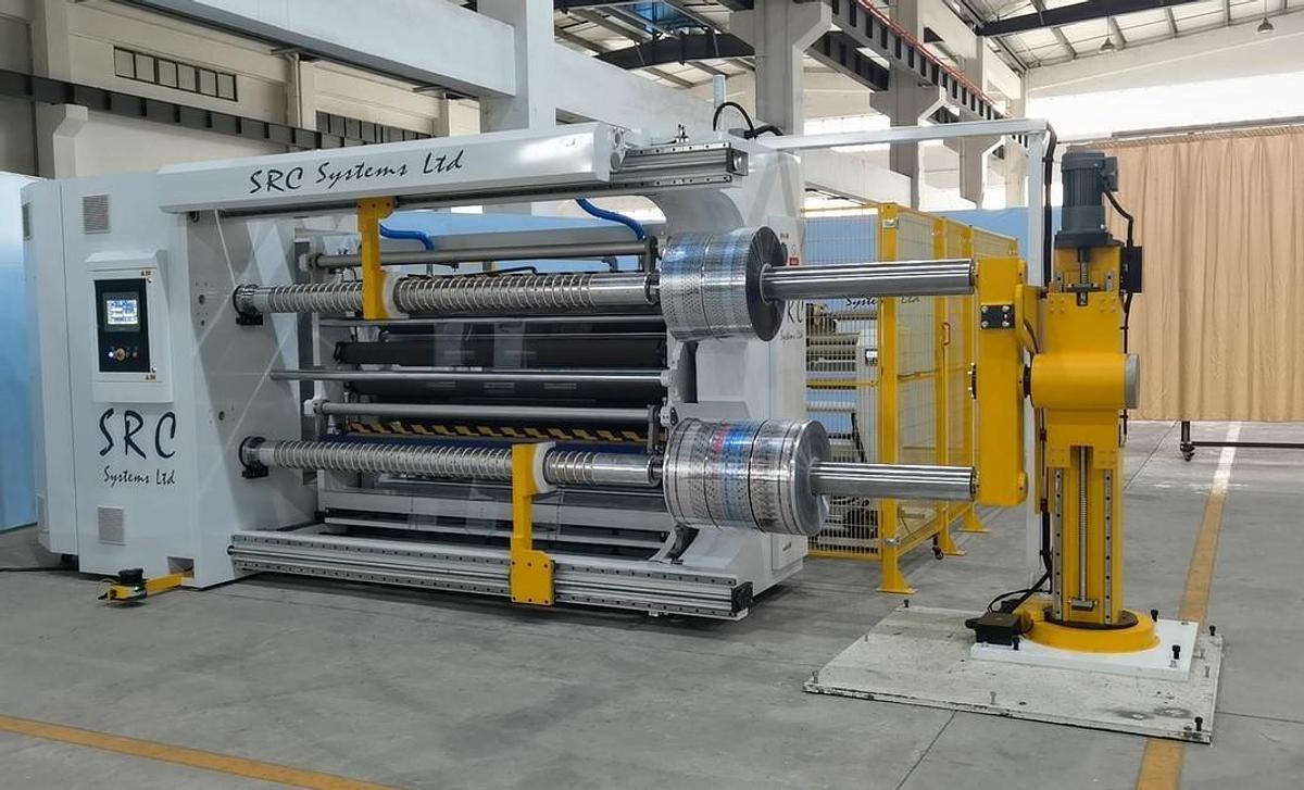 Used 82" WIDE NEW SRC SYSTEMS LTD. MODEL 810-LS DUPLEX SLITTER - 32" REWIND DIAMETER