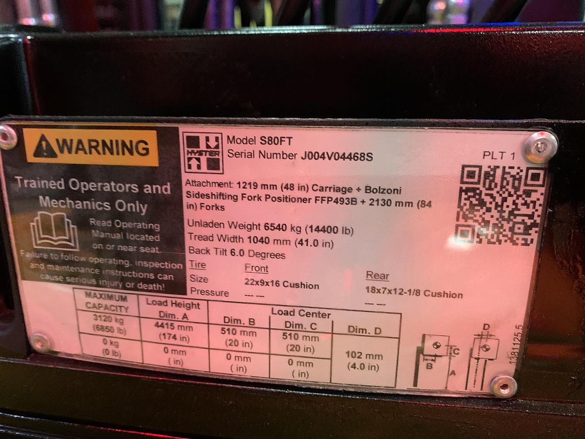 Used 8,000 POUND LB. HYSTER MODEL S80FT FORKLIFT WITH SIDESHIFT AND FORK POSITIONING