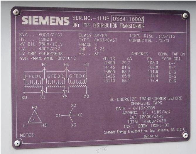 Used 2009 SIEMENS 2000KVA  DRY TYPE DISTRIBUTION TRANSFORMER