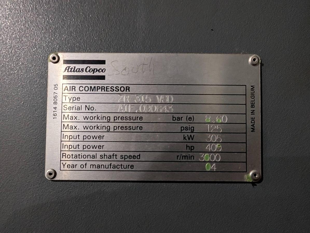 Used 400 HP ATLAS COPCO ZR315VSD AIR COMPRESSOR
