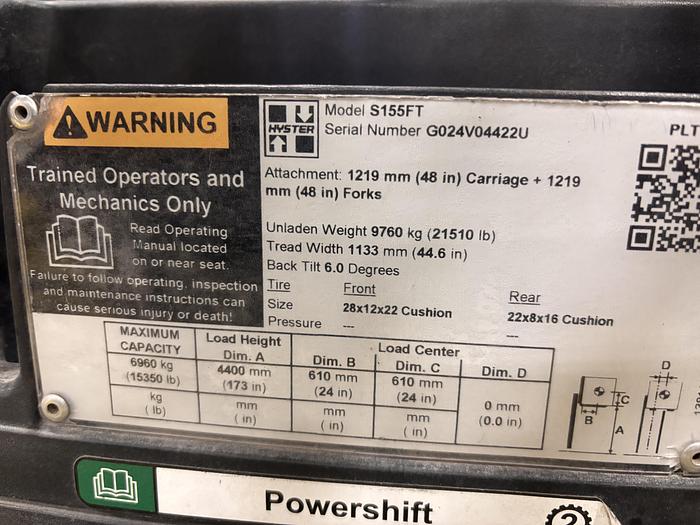 Used 15,500 POUND HYSTER MODEL S155FT FORKLIFT WITH 60" CASCADE PAPER ROLL CLAMP ATTACHMENT MANUFACTURED 2020