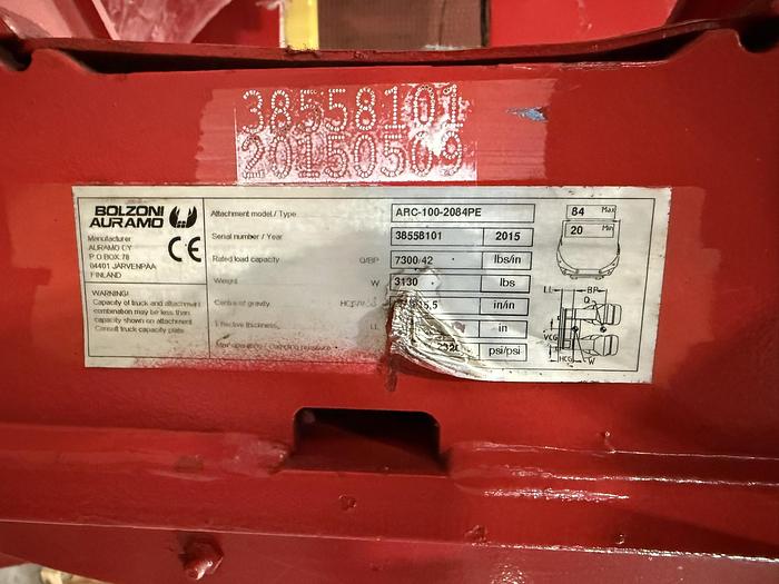 Used 84" BOLZONI AURAMO MODEL ARC-100-2084PE PAPER ROLL CLAMP MANUFACTURED 2015