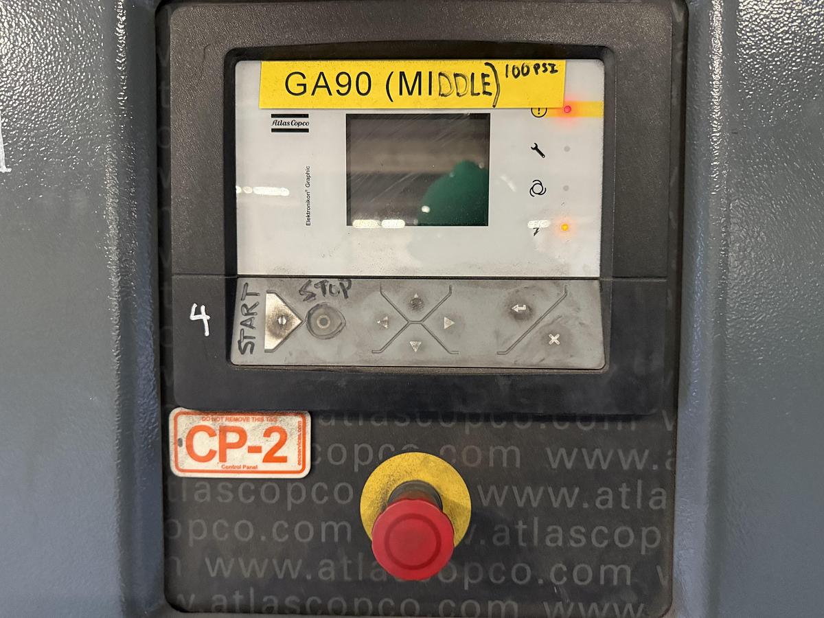 Used 125 HP ATLAS COPCO AIR COMPRESSOR MODEL GA90VSD MANUFACTURED 2019
