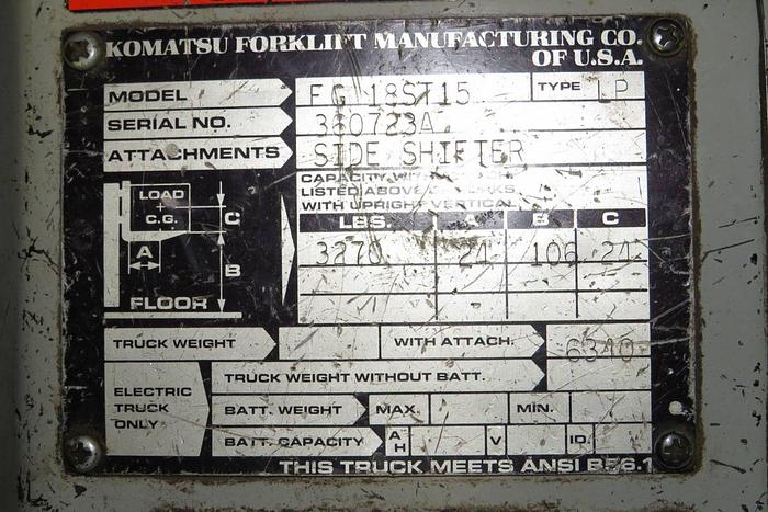 Used 3,000 POUND KOMATSU FG18ST15 PROPANE FORKLIFT WITH SIDE SHIFT - ON HOLD IU