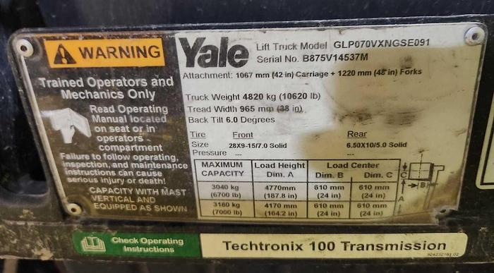 Used 7,000 POUND CAPACITY YALE GLP070VXNGSE091 FORKLIFT WITH FORK POSITIONER - PENDING JF