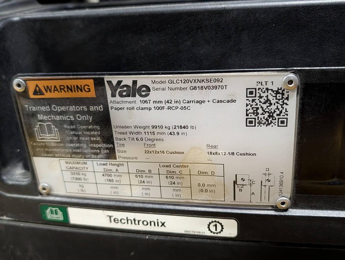 Used 12,000 POUND YALE GLC120VX (Paper Roll Special) PAPER ROLL CLAMP TRUCK WITH 84" CASCADE CLAMP