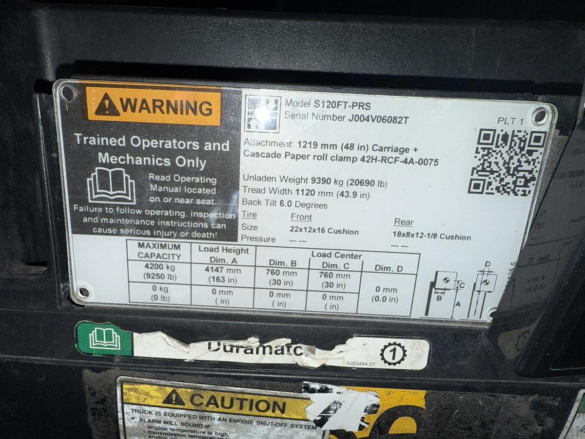 Used 12,000 POUND CAPACITY HYSTER MODEL S120FTPRS 60" CASCADE PAPER ROLL CLAMP LOW MAST TRIPLE STAGE