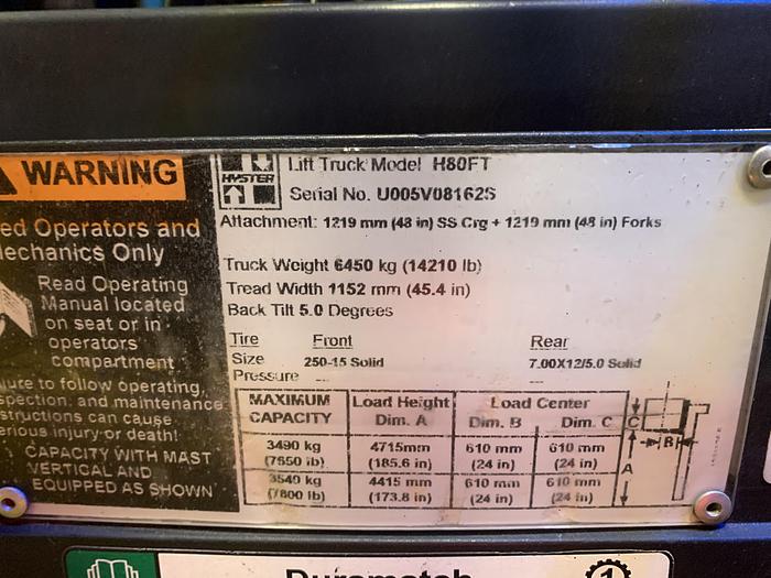 Used 8,000 POUND CAPACITY HYSTER H80FT FORKLIFT WITH PNEUMATIC TIRES AND SIDESHIFT