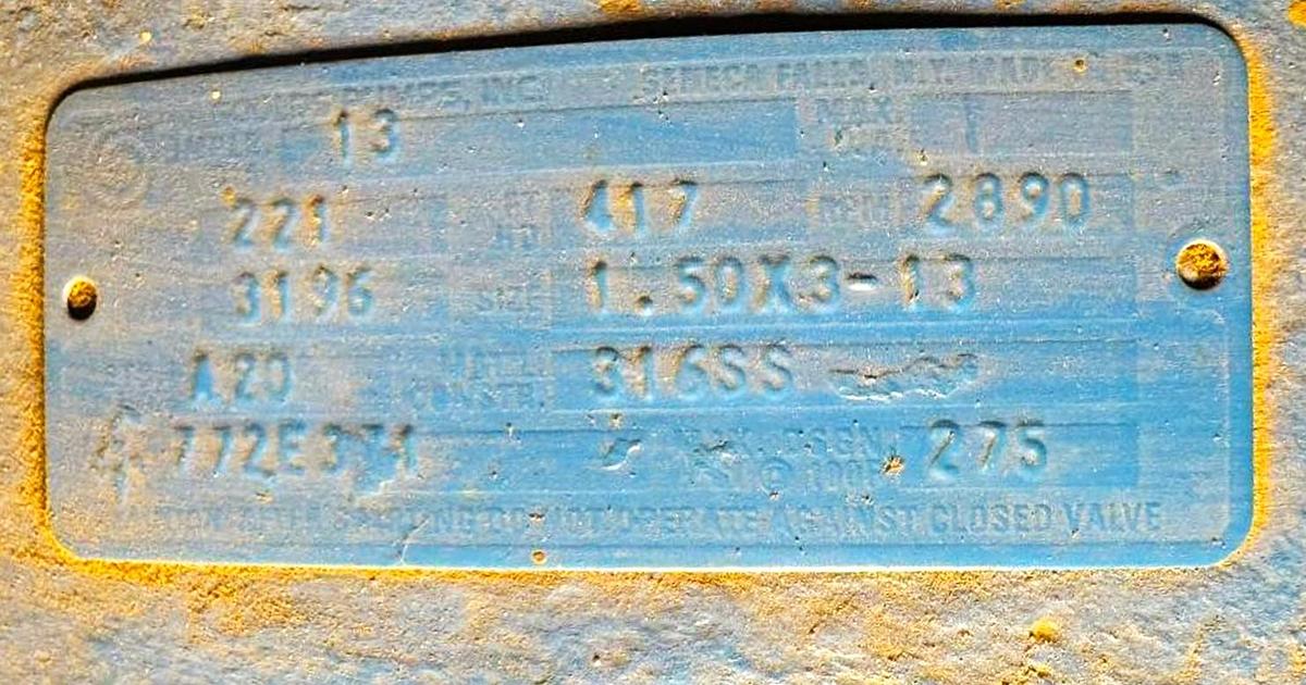 Used GOULD 3196 SIZE 1.5 X 3-13 PUMP 316 STAINLESS STEEL