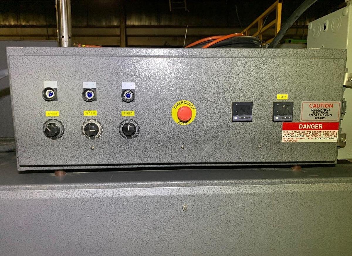 Used 50" W HEAVY DUTY IN-LINE AUTOMATIC SHRINK BUNDLER SYSTEM W/ WELDOTRON #1250 BUNDLER AND #5016 TUNNEL