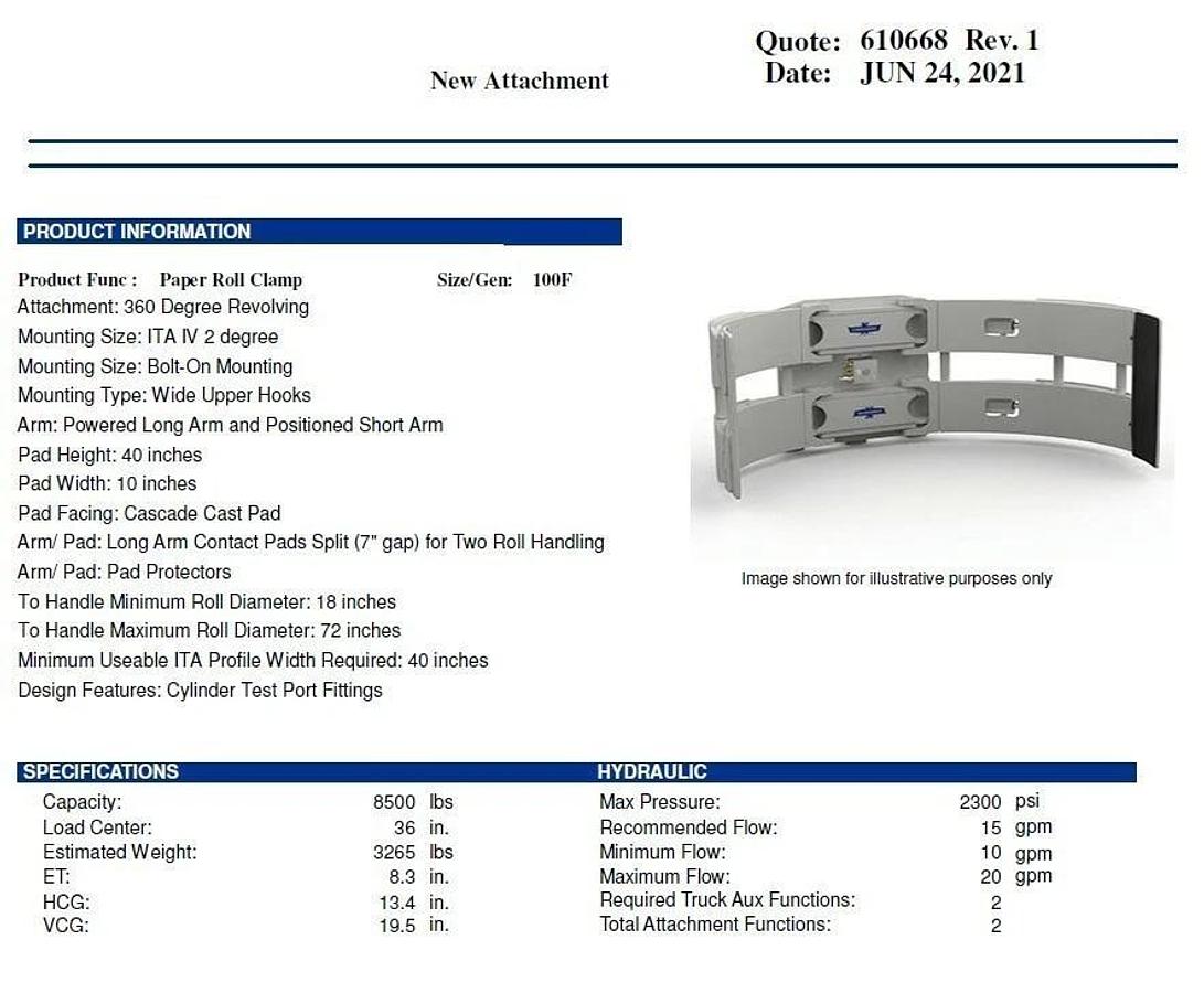Used 72" CASCADE MODEL 100F-RDP-169 PAPER ROLL CLAMP MANUFACTURED 2021