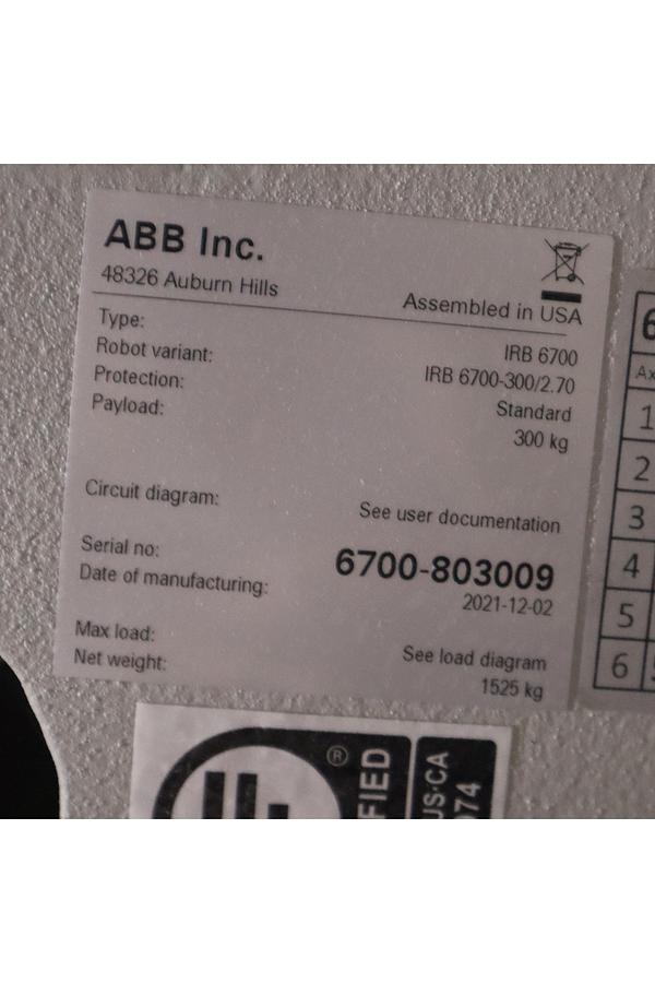 ABB MODEL IRB 6700-300/2.70 ROBOT 6-AXIS MANUFACTURED 2021