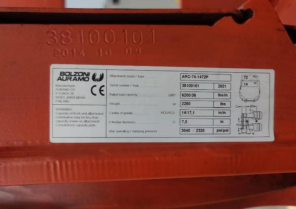 Used 72" BOLZONI AURAMO MODEL ARC-74-1472P PAPER ROLL CLAMP CLASS III MANUFACTURED 2021