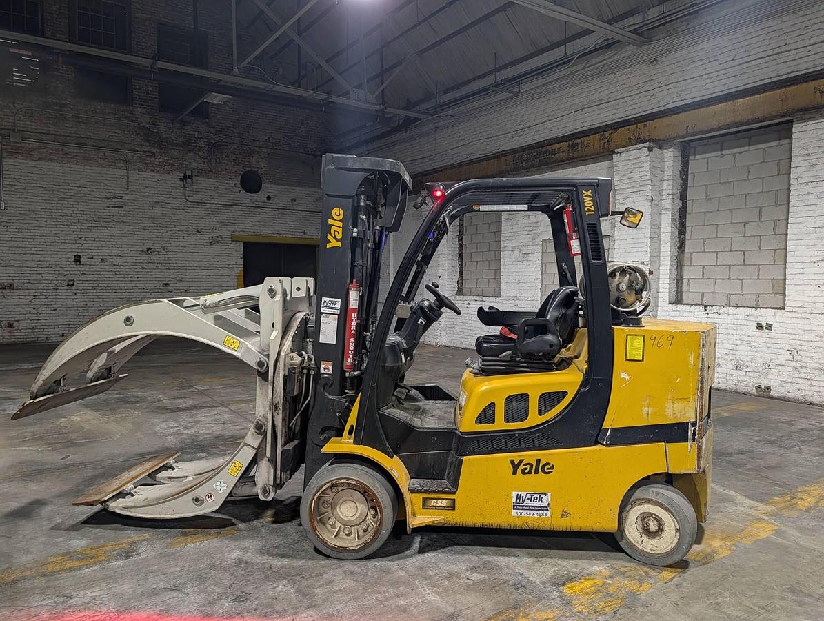 Used 12,000 POUND YALE GLC120VX (Paper Roll Special) PAPER ROLL CLAMP TRUCK WITH 84" CASCADE CLAMP