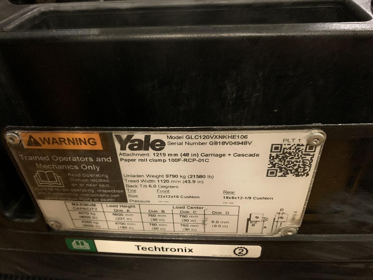 Used 12,000 POUND YALE GLC120VXPRS FORKLIFT TRUCK MANUFACTURED 2021 TALL MAST 221" RAISED