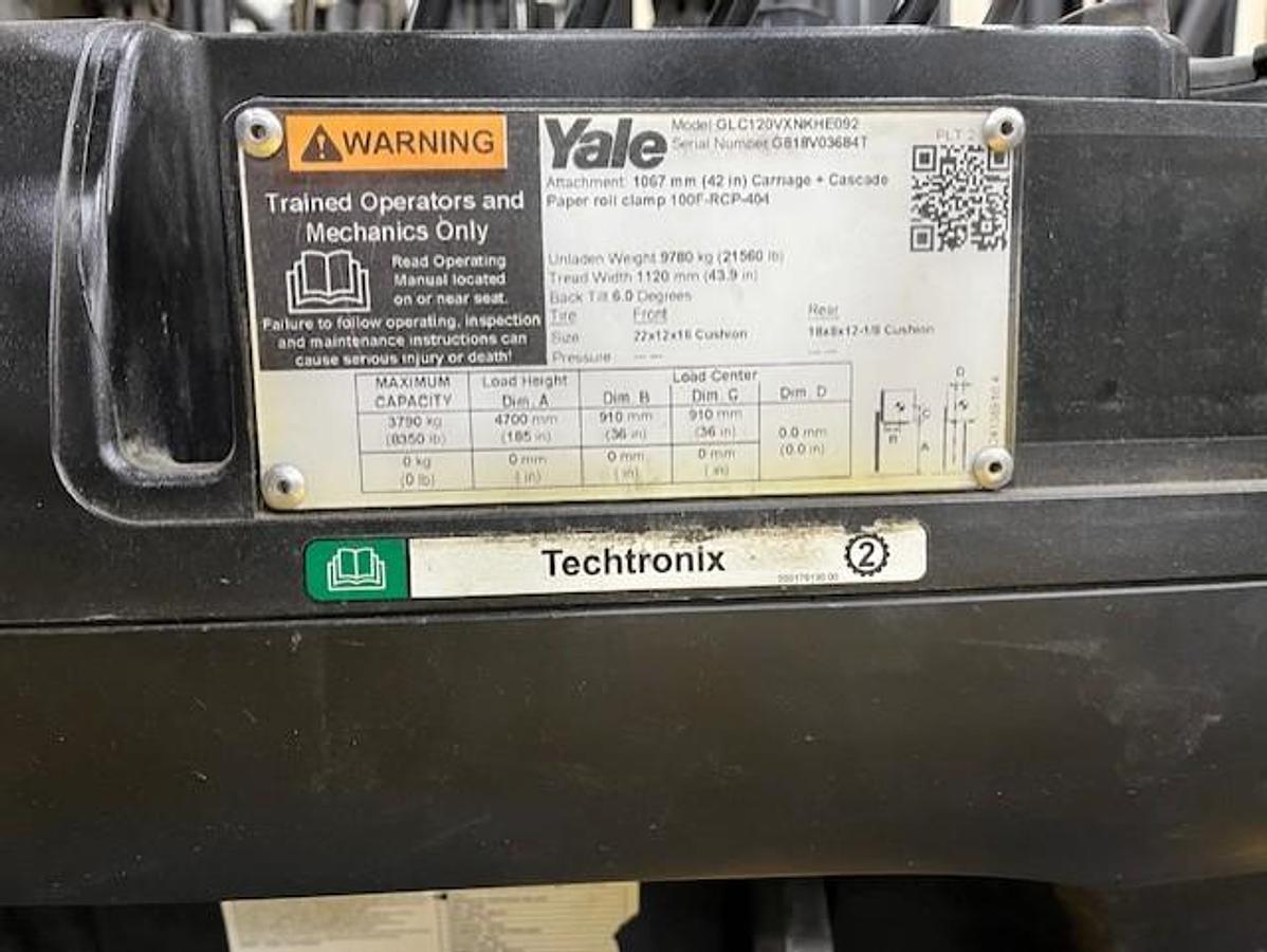 Used 12,000 POUND YALE MODEL GLC120VX FORKLIFT WITH 72" CASCADE PAPER ROLL CLAMP MANUFACTURED 2019