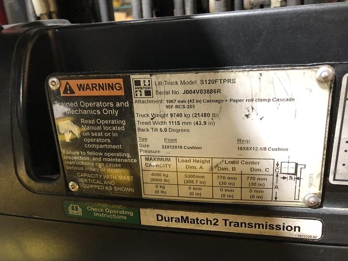 Used 12,000 POUND HYSTER S120FTPRS FORKLIFT WITH PAPER ROLL CLAMP MFG. 2017- PENDING SALE NF
