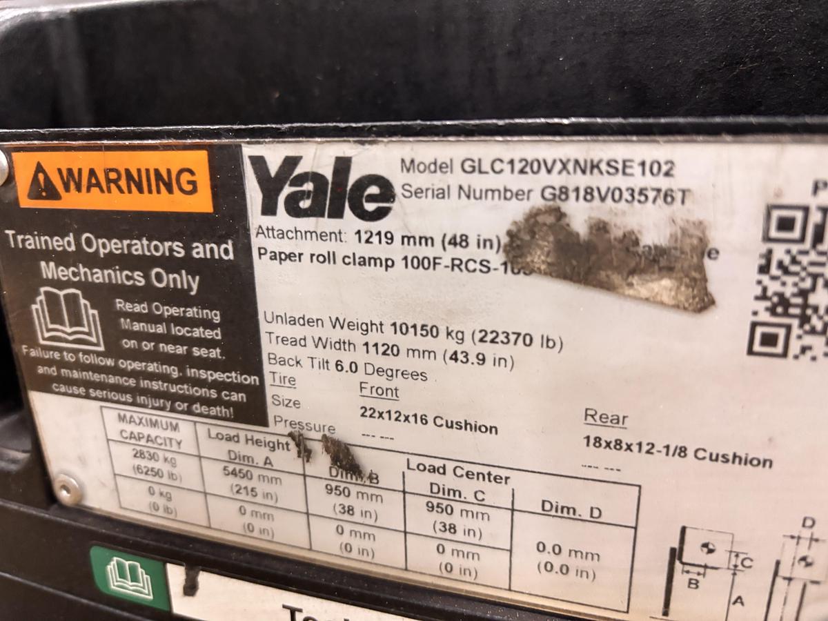 Used 12,000 POUND YALE MODEL GLC120VXPRS TRIPLE STAGE LOW MAST MANUFACTURED 2019