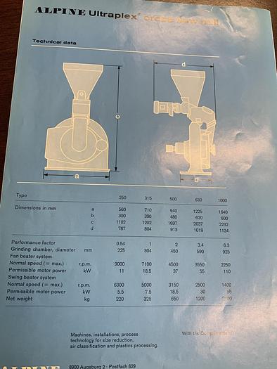 Used ALPINE ULTRAPLEX 500 UP CROSS FLOW HAMMER MILL
