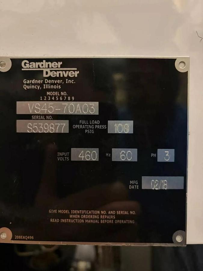 Used GARDNER DENVER VS 70 COMPLETE VARIABLE SPEED ROTARY SCREW AIR COMPRESSOR SYSTEM MANUFACTURED 2018