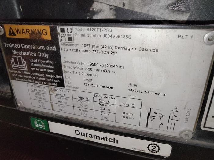 Used 12,000 POUND HYSTER S120FTPRS FORKLIFT WITH PAPER ROLL CLAMP MFG. 2018