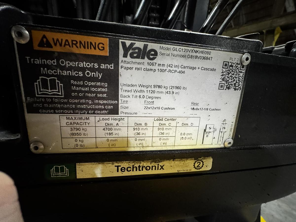 Used 12,000 LB. YALE MDL GLC120VX LH92"/RH185" WITH 72" CASCADE PAPER ROLL CLAMP MANUFACTURED 2019